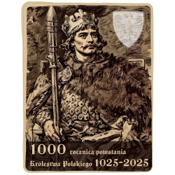 Naklejka z 1000-lecia Królestwa Polskiego z wizerunkiem Bolesława Chrobrego i orłem piastowskim