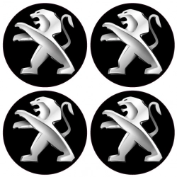 Zestaw naklejek na kołpaki dla samochodów Peugeot z logo.