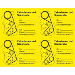 Cztery żółte naklejki z napisem związane z niemiecką wersją serwisu rozrządu.