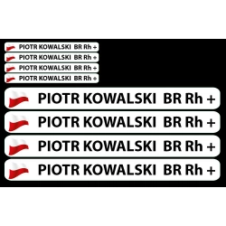 naklejki, zawierająca imię, nazwisko oraz grupę krwi, idealna do umieszczenia na kasku