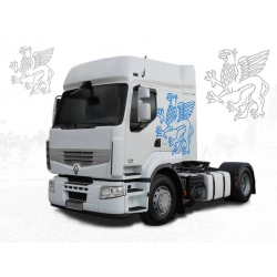 Naklejka przedstawiająca gryfa na bocznej części kabiny samochodu ciężarowego Renault Premium.