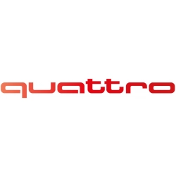 Logo Quattro, firmy zajmującej się częściami do samochodów, z naklejkami do Audi Quattro na drzwiach.