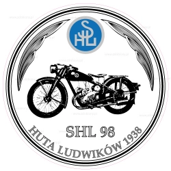 Naklejka przedstawiająca motocykl SHL 98 Ludwików z 1938 roku